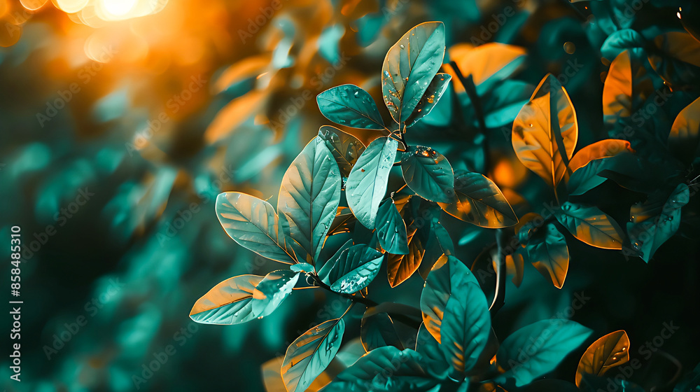 Green delicate leaves close up illuminated by orange rays of the sun Green delicate leaves close up illuminated by orange rays of the sun