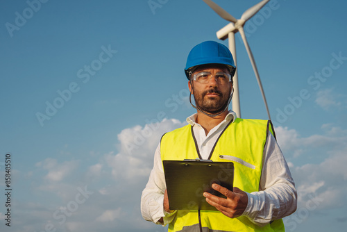 european green deal and green energy. Portrait of engineer checks clipboard in a wind turbine park