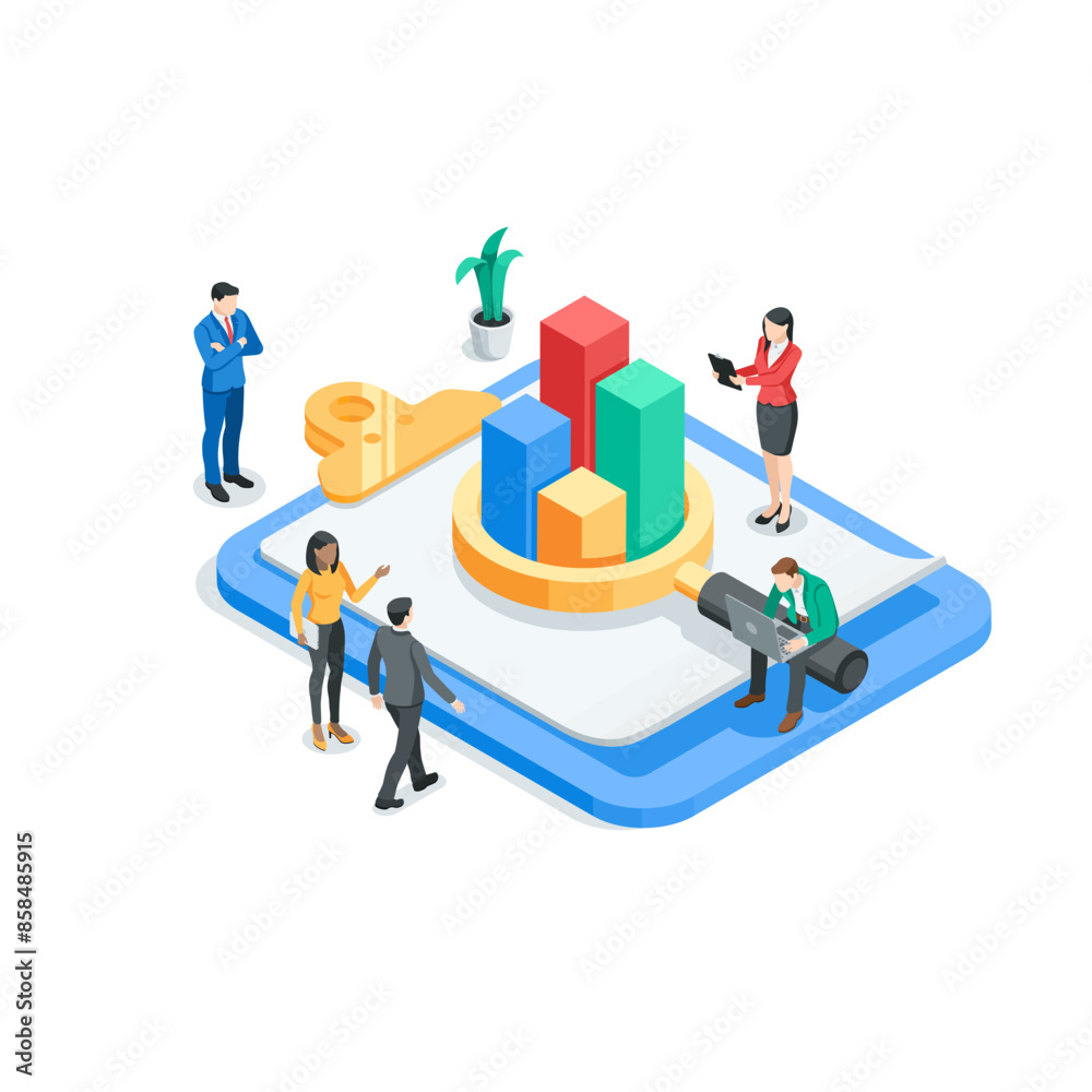 isometric vector business people analyzing a chart on a paper sheet displayed through a magnifying glass, in color on a white background, statistics data research and professional team work isometric vector business people analyzing a chart on a paper sheet displayed through a magnifying glass, in color on a white background, statistics data research and professional team work