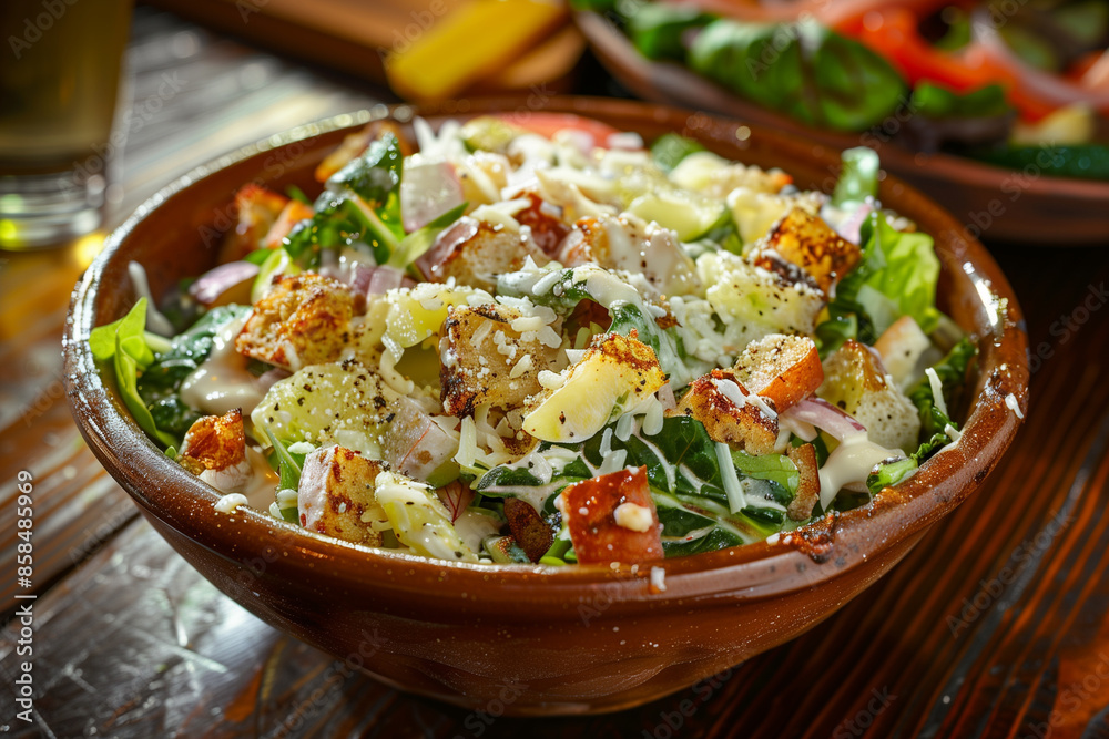 Photo of a Cesar's salad deliciously arranged in a large bowl, served on a wooden table. Healthy Food Theme Photo of a Cesar's salad deliciously arranged in a large bowl, served on a wooden table. Healthy Food Theme
