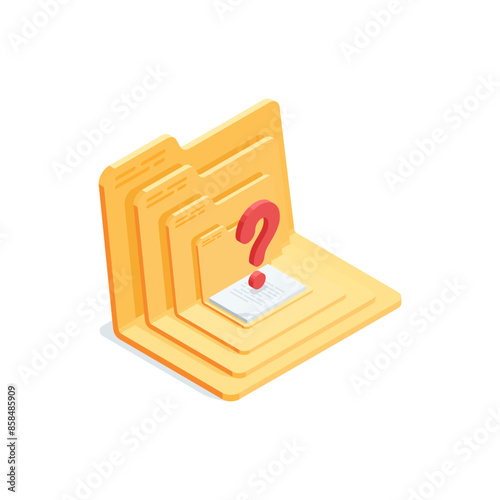 isometric vector open folders with documents and question mark, in color on a white background, searching for data or working with papers