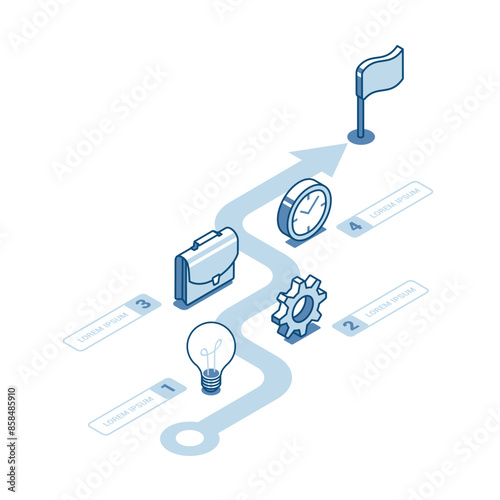 isometric vector infographic of linear icons and arrow leading to the flag, in color on a white background, business path to success
