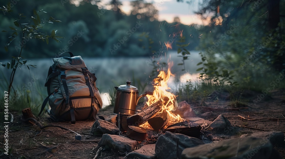 Campfire in the wilderness with a backpack and metal kettle nearby Campfire in the wilderness with a backpack and metal kettle nearby