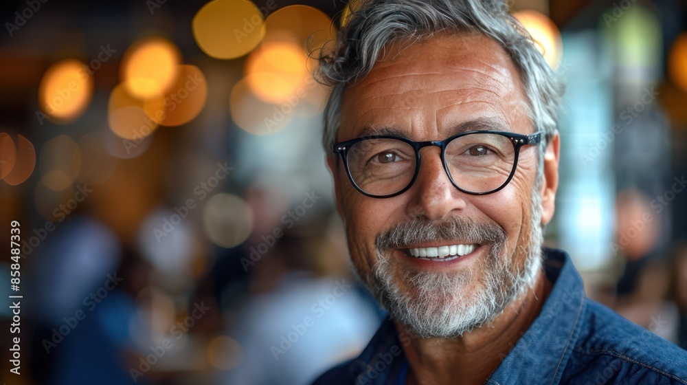 Smiling Mature Man with Glasses in a Crowded Room Smiling Mature Man with Glasses in a Crowded Room