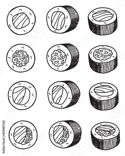 set of vector line drawing of sushi rolls