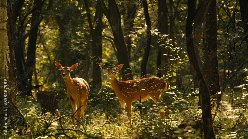 Fototapeta premium Deer roam freely in the dense forest, their brown and white coats blending with the trees.