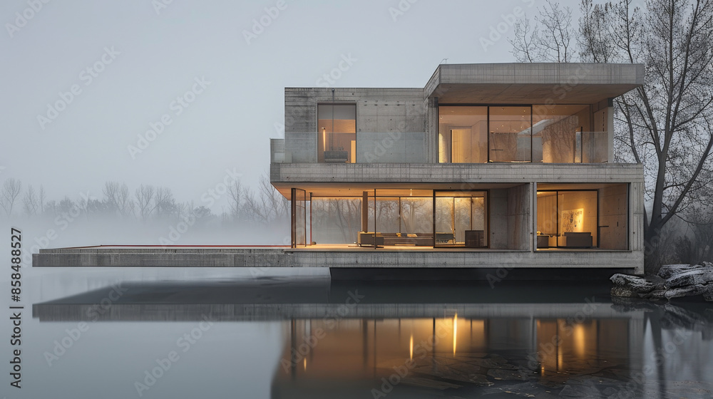a modern house on a lake in the mountains, lights are on in the windows, the house is reflected in the water a modern house on a lake in the mountains, lights are on in the windows, the house is reflected in the water