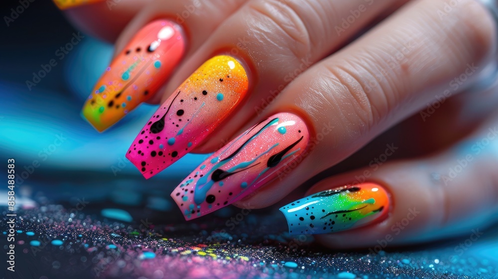 Vibrant and colorful nail art with neon patterns and splashes of black, perfect for fashion and beauty inspiration. Vibrant and colorful nail art with neon patterns and splashes of black, perfect for fashion and beauty inspiration.