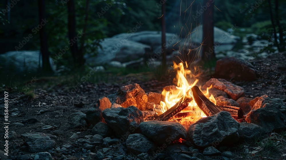Fire crackles in a campfire surrounded by rocks in a forest campsite. Perfect for camping trips, the campfire provides warmth and ambiance. Fire crackles in a campfire surrounded by rocks in a forest campsite. Perfect for camping trips, the campfire provides warmth and ambiance.