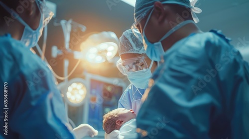 A newborn baby is born by c-section in an operating room attended by a surgeon and medical team photo