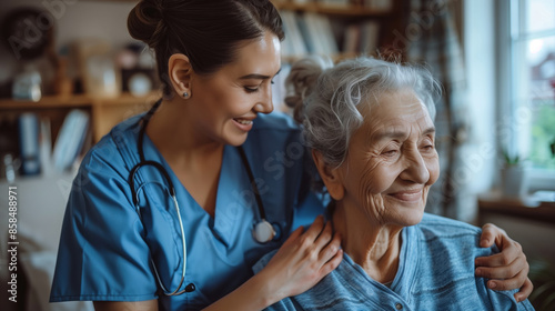 Nurser caretaker assisting an elderly woman with home health care