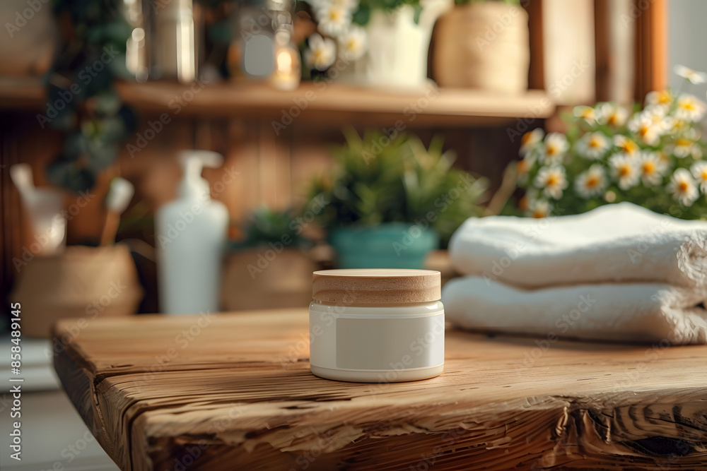A high-resolution photo of a moisturizing cream jar placed on a rustic wooden table in a cozy bathroom setting, with soft towels and potted plants in the background, creating a homely and inviting atm