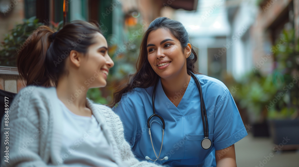 A health care aide assists a disabled woman with physical therapy in a rehabilitation clinic