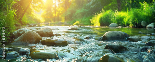 Peaceful river background with gentle flowing water, green banks, and textured rocks. The serene, natural scene creates a tranquil, refreshing atmosphere, perfect for nature or outdoor themes