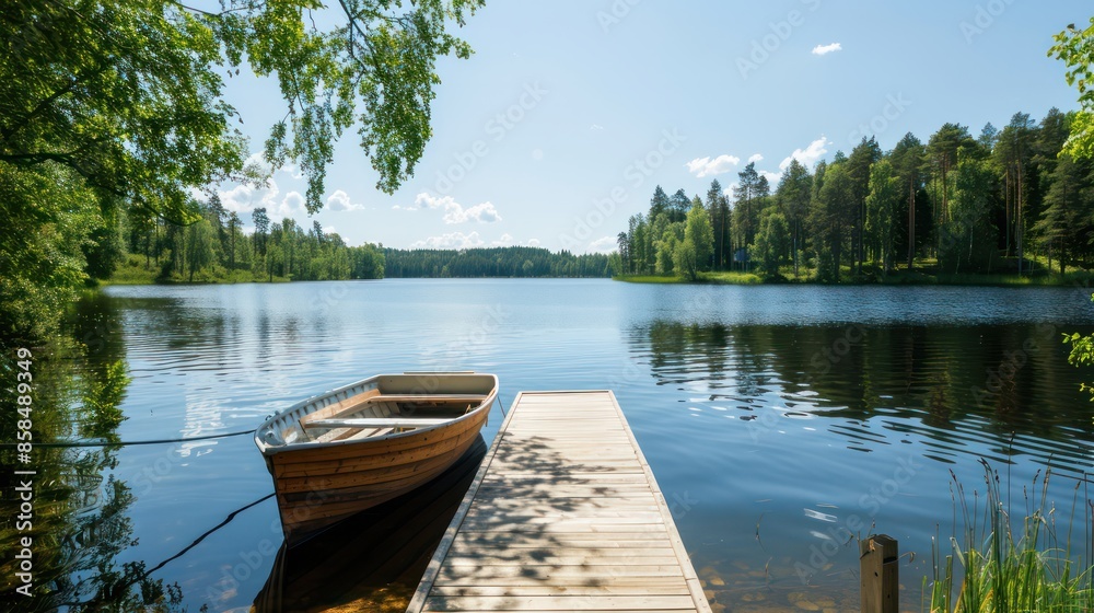 A small boat is docked at a pier next to a lake. The scene is peaceful and serene, with the boat and dock blending seamlessly into the natural surroundings A small boat is docked at a pier next to a lake. The scene is peaceful and serene, with the boat and dock blending seamlessly into the natural surroundings