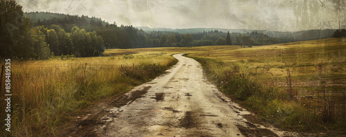Rustic country road background with weathered asphalt, textured dirt paths, and surrounding fields. The authentic, pastoral scene evokes a sense of simplicity and tranquility, ideal for rural themes
