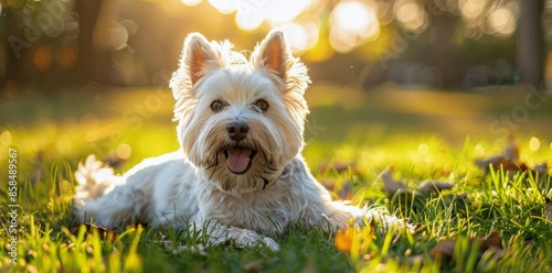 West Highland White Terrier Smiling in Autumn Grass