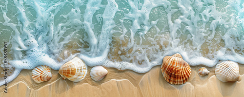Serene ocean background with gentle waves, sandy shores, and textured seashells. The tranquil, natural scene creates a peaceful, relaxing atmosphere, perfect for coastal or vacation themes