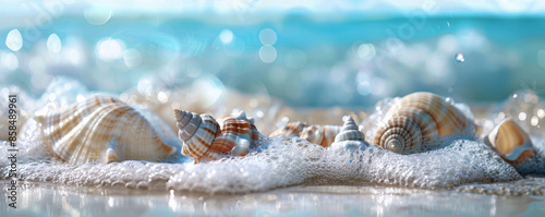 Serene ocean background with gentle waves, sandy shores, and textured seashells. The tranquil, natural scene creates a peaceful, relaxing atmosphere, perfect for coastal or vacation themes