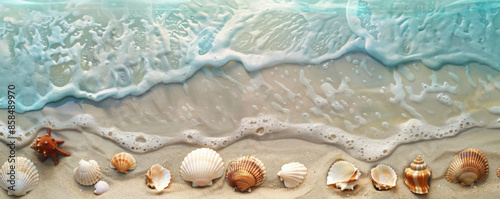 Serene ocean background with gentle waves, sandy shores, and textured seashells. The tranquil, natural scene creates a peaceful, relaxing atmosphere, perfect for coastal or vacation themes