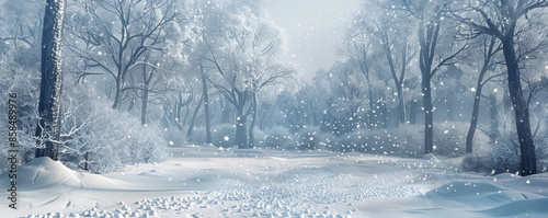 Serene winter wonderland background with snow-covered trees, gentle falling snow, and textured snowdrifts. The peaceful, magical scene creates a calming, pristine atmosphere, perfect for winter themes
