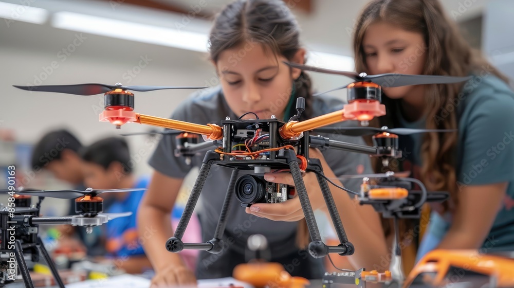 Students working on drone assembly in a classroom setting, showcasing hands-on learning and teamwork in an educational environment. Students working on drone assembly in a classroom setting, showcasing hands-on learning and teamwork in an educational environment.