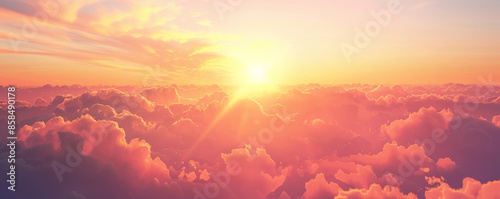 Tranquil sunset background with warm hues of orange and pink, gentle light rays, and textured clouds. The peaceful, picturesque view creates a relaxing, inspiring scene, ideal for serene themes