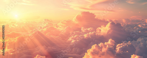 Tranquil sunset background with warm hues of orange and pink, gentle light rays, and textured clouds. The peaceful, picturesque view creates a relaxing, inspiring scene, ideal for serene themes