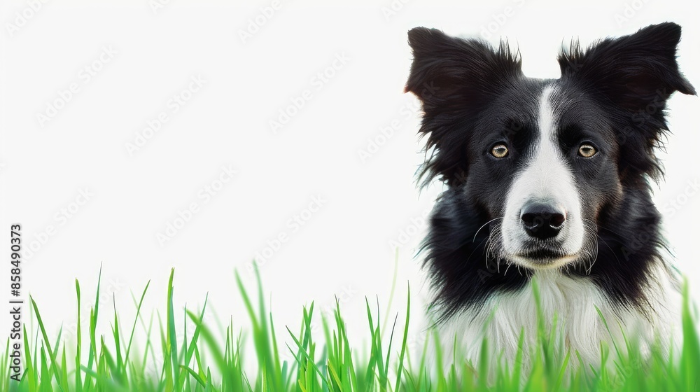 Fototapeta premium Border Collie in front of green field with white space