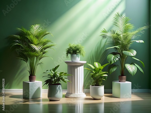 A Beautiful Still Life Of Various House Plants In Front Of A Green Background.