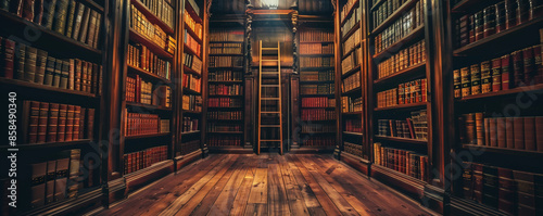 Vintage book library background with tall wooden bookshelves, textured leather-bound books, and warm lighting. The nostalgic, intellectual scene evokes a sense of history and knowledge, perfect for photo