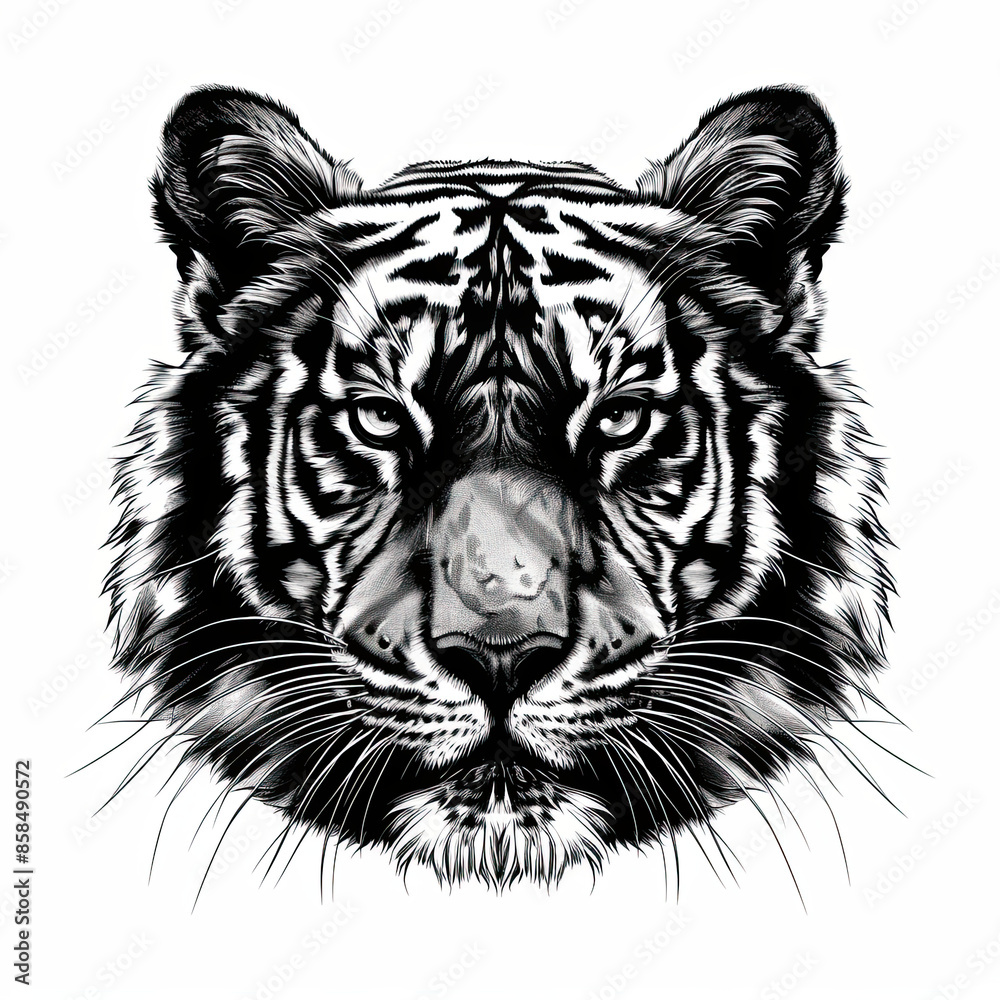 A black and white drawing of a tiger 's face A black and white drawing of a tiger 's face