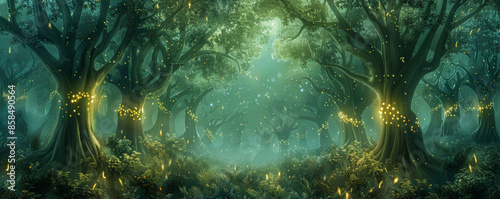 Whimsical fairy tale forest background with enchanted trees, glowing lights, and textured foliage. The magical, dreamy scene creates a sense of wonder and fantasy, perfect for imaginative themes photo