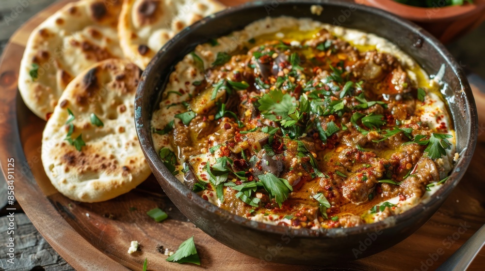 Authentic Spicy Lamb Curry with Fresh Coriander Served with Naan Bread Authentic Spicy Lamb Curry with Fresh Coriander Served with Naan Bread