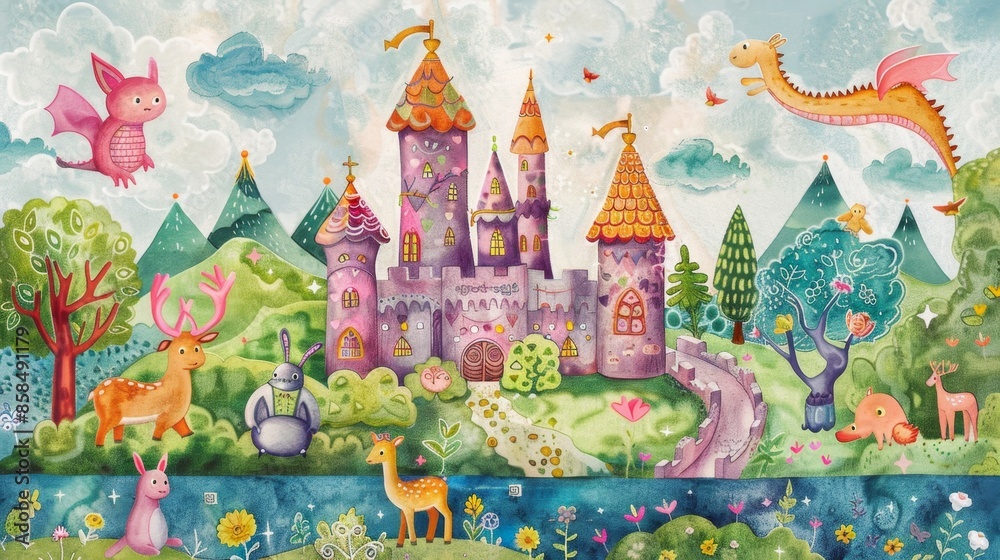 Whimsical illustration of a fairy tale castle surrounded by colorful trees and animals Whimsical illustration of a fairy tale castle surrounded by colorful trees and animals