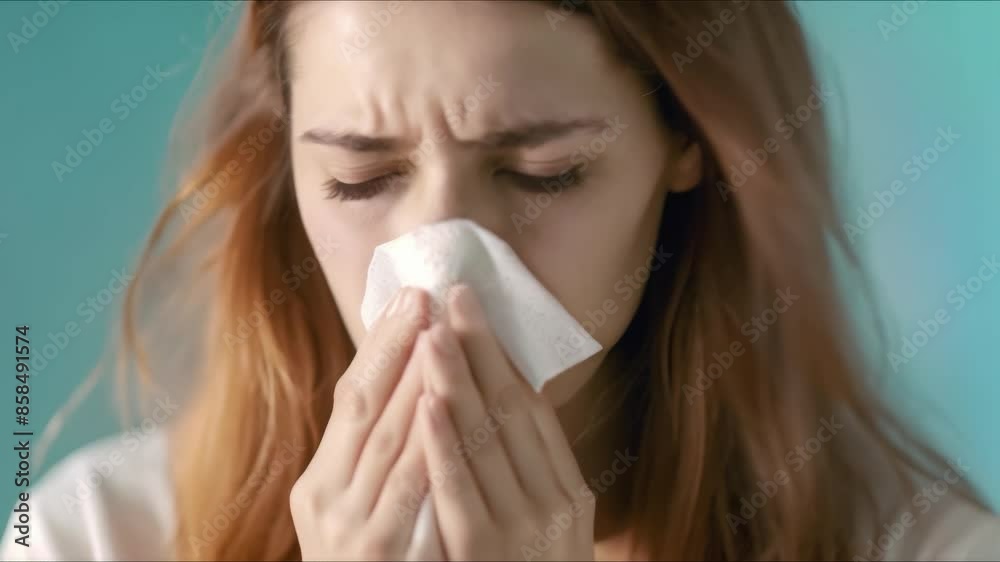 Symptoms of seasonal allergies or a cold: Unhealthy young woman wiping runny nose with tissue. Concept Health, Allergies, Common Cold, Runny Nose, Symptoms Symptoms of seasonal allergies or a cold: Unhealthy young woman wiping runny nose with tissue. Concept Health, Allergies, Common Cold, Runny Nose, Symptoms