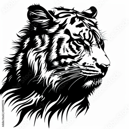 A black and white drawing of a tiger 's head