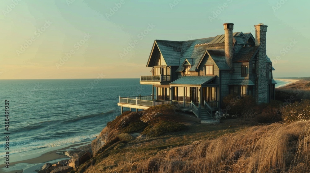 Coastal house on cliffside with ocean view at sunset. Scenic photography for poster Coastal house on cliffside with ocean view at sunset. Scenic photography for poster