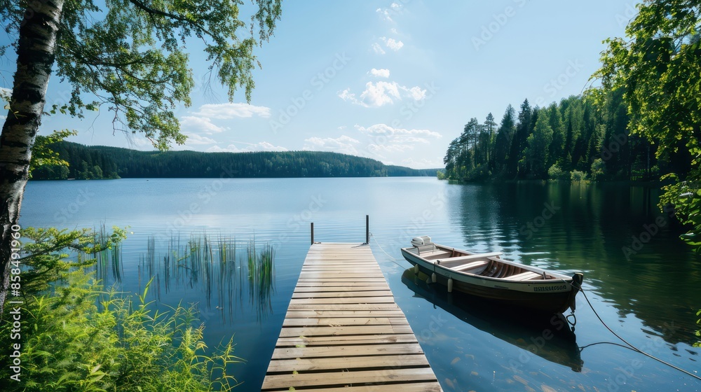 A boat is docked at a pier next to a lake. The water is calm and the sky is clear. The scene is peaceful and serene A boat is docked at a pier next to a lake. The water is calm and the sky is clear. The scene is peaceful and serene