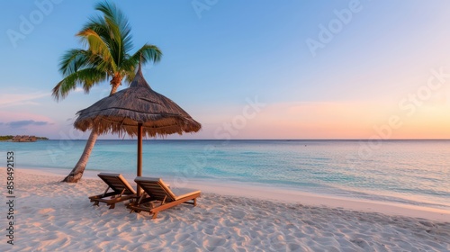 Fototapeta Naklejka Na Ścianę i Meble -  A beach with two lounge chairs under a palm tree. The chairs are empty and the umbrella is open. The sky is blue and the sun is setting