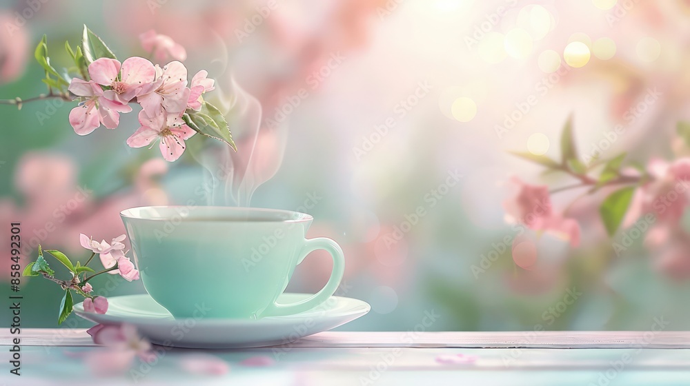 A cup of tea is sitting on a saucer with a pink flower in the background. Concept of relaxation and tranquility, as the cup of tea is a symbol of comfort and warmth A cup of tea is sitting on a saucer with a pink flower in the background. Concept of relaxation and tranquility, as the cup of tea is a symbol of comfort and warmth