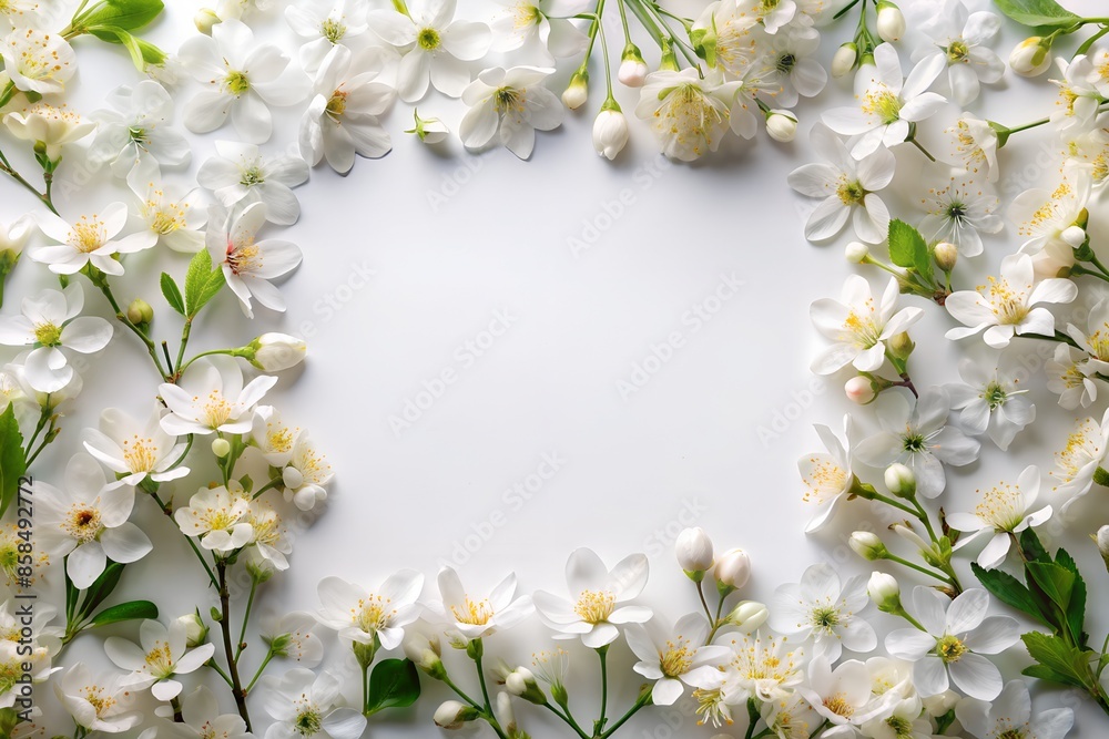 Fototapeta premium A frame made of white flowers on a white background