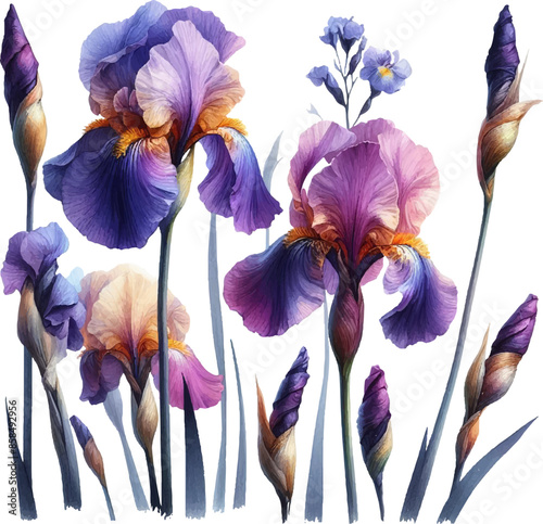 illustration with irises flowers in watercolor style