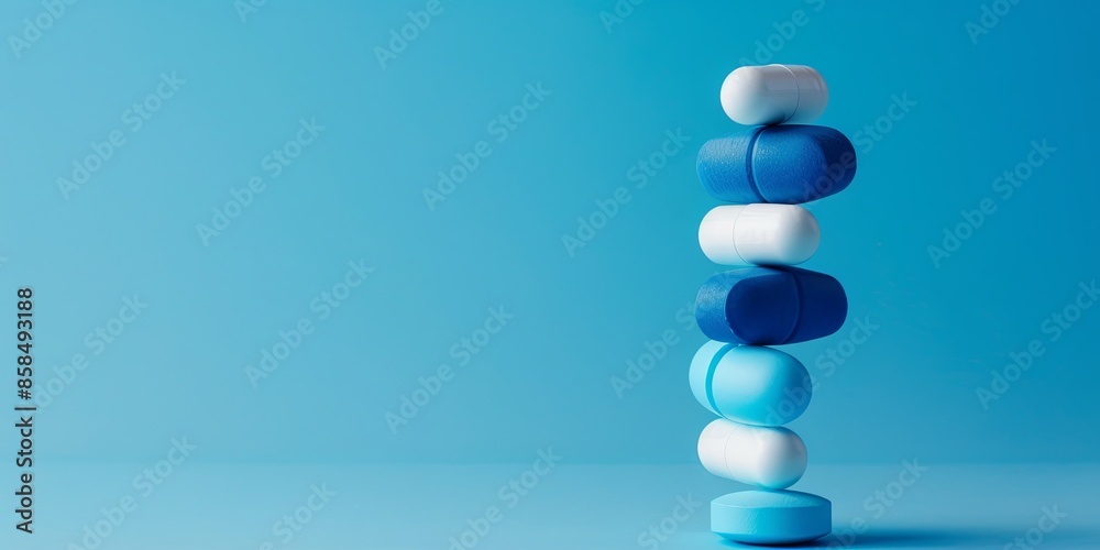 Balanced Blue and White Antibiotic Capsules on Blue Balanced Blue and White Antibiotic Capsules on Blue