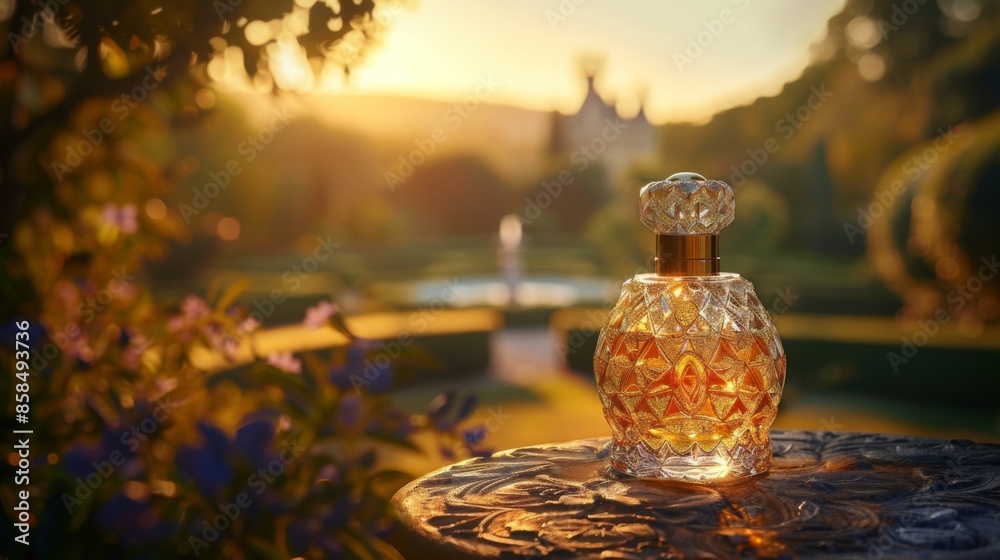 Elegant crystal perfume bottle in garden at sunset. Highlighting luxury and sophistication of fragrances in beautiful nature setting with golden hour lighting. Elegant crystal perfume bottle in garden at sunset. Highlighting luxury and sophistication of fragrances in beautiful nature setting with golden hour lighting.