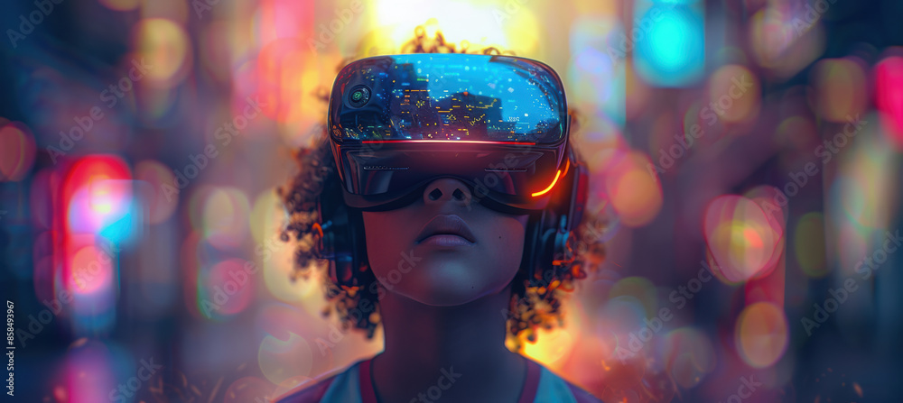 Kid in Virtual Reality World with Neon Lights Kid in Virtual Reality World with Neon Lights