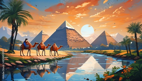 Picture descripe Egyptian pyramids with 3 camels and river cenimatic photo