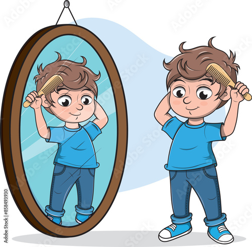 Niño peinándose el cabello frente a un espejo.