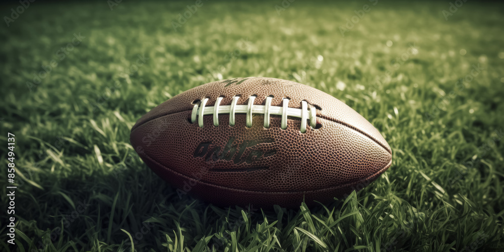 A football is laying on the grass. The ball is brown and has a white stripe. The grass is green and the field is open A football is laying on the grass. The ball is brown and has a white stripe. The grass is green and the field is open