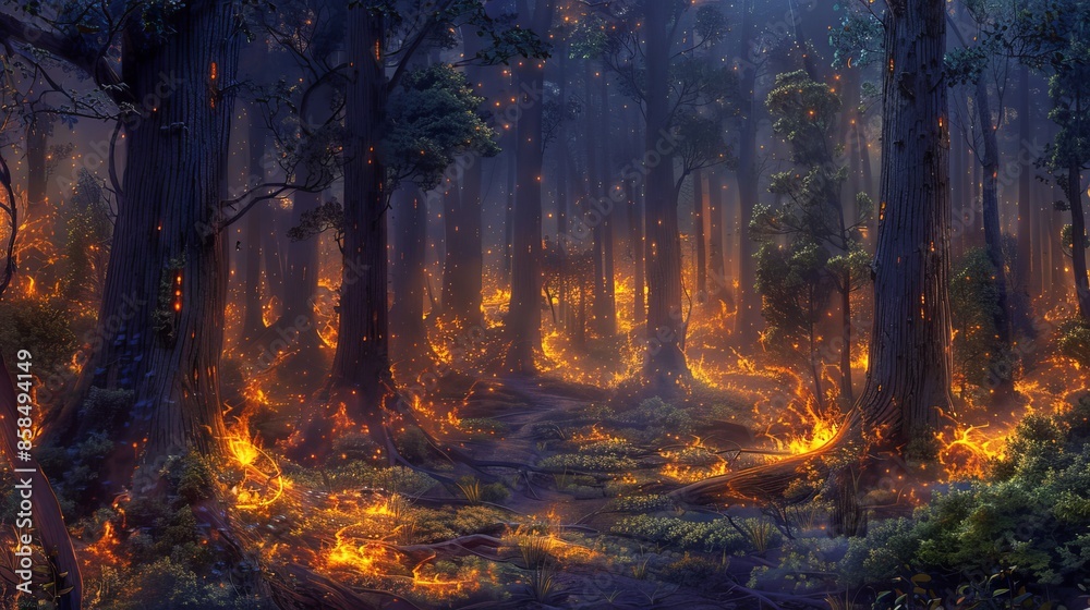 Flames dance amidst towering trees, casting an ethereal glow on the nocturnal forest. Flames dance amidst towering trees, casting an ethereal glow on the nocturnal forest.
